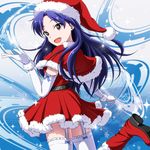  blue_hair brown_eyes capelet elbow_gloves garter_straps gloves idolmaster idolmaster_(classic) kisaragi_chihaya kouchou long_hair open_mouth red_capelet santa_costume smile solo thighhighs 
