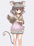  ahoge animal_ears bare_legs blush collarbone contemporary dress frilled_dress frills grey_hair highres jewelry mouse_ears mouse_tail nazrin necklace nibi red_eyes short_dress simple_background solo tail touhou 