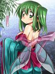  1girl alternate_costume ase_(nigesapo) bare_shoulders blush breasts daiyousei earrings fairy green_eyes green_hair hair_ribbon japanese_clothes jewelry kimono large_breasts looking_at_viewer looking_back off_shoulder ribbon side_ponytail smile solo tanabata touhou translated 