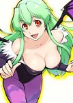  :d animal_print bangs bare_shoulders bat_print bat_wings breasts bridal_gauntlets cleavage cosplay covered_navel cowboy_shot demon_girl fangs feathers green_hair halftone highleg highleg_leotard jitsu_wa_watashi_wa large_breasts leaning_forward leotard long_hair looking_at_viewer morrigan_aensland morrigan_aensland_(cosplay) open_mouth outline pantyhose print_legwear purple_legwear purple_wings red_eyes shiragami_youko sidelocks smile solo succubus ueyama_michirou vampire_(game) very_long_hair white_background wings 