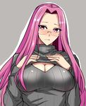  alternate_costume black_sweater blush breasts cleavage cleavage_cutout embarrassed fate/stay_night fate_(series) glasses grey_background hands_on_own_chest koujun_(mugenzero) large_breasts long_hair meme_attire open-chest_sweater purple_eyes purple_hair ribbed_sweater rider simple_background solo sweater turtleneck very_long_hair 