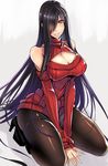  bare_shoulders black_hair black_legwear breasts hair_over_one_eye large_breasts long_hair looking_at_viewer meme_attire mugenshiki open-chest_sweater pantyhose parted_lips red_eyes ribbed_sweater sitting solo sweater thighhighs_under_pantyhose very_long_hair 