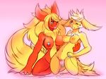  :3 animal_ears arm_support between_breasts blonde_hair blush breasts clenched_teeth commentary_request dildo eye_contact fang flareon furry gen_1_pokemon jolteon kneeling large_breasts looking_at_another multiple_girls navel nipples no_humans nude object_insertion one_eye_closed open_mouth parted_lips pink_background pokemon pokemon_(creature) raikissu red_hair sweat tail teeth tongue tongue_out vaginal vaginal_object_insertion vibrator_on_nipple white_hair yuri 