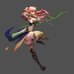  armpits arrow ass bow_(weapon) elf green_eyes grey_background high_heels highres leg_up long_hair looking_at_viewer loped pelvic_curtain pink_hair pointy_ears simple_background solo thighhighs thighs weapon white_legwear 