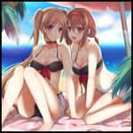  beach bikini border breasts brown_eyes brown_hair cleavage day hairband hasu_(velicia) highres kantai_collection long_hair medium_breasts multiple_girls murasame_(kantai_collection) red_hairband shiratsuyu_(kantai_collection) smile swimsuit twintails 