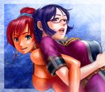  battan bellows_(suisei_no_gargantia) blue_eyes breasts earrings glasses hoop_earrings jewelry large_breasts lips locked_arms long_hair medium_breasts multiple_girls open_mouth purple_hair red_eyes red_hair ridget_(suisei_no_gargantia) semi-rimless_eyewear smile suisei_no_gargantia 