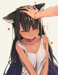  animal_ears bad_id bad_twitter_id black_hair blush breasts cleavage closed_eyes collar collarbone dog_ears dress grey_background heart highres long_hair megumoke original petting simple_background small_breasts smile solo white_dress 