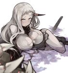  blush breasts claws dress foreshortening horn kantai_collection large_breasts long_hair looking_at_viewer lying messy_hair on_side pinero red_eyes ribbed_dress sad seaport_hime shinkaisei-kan shirt short_dress sketch solo torn_clothes torn_shirt very_long_hair water white_hair 