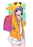  :p animal_hood backpack bag copyright_request dress food heart highres hood hooded_jacket hoodie jacket licking open_clothes open_hoodie popsicle purple_eyes purple_hair randoseru shiwasu_takashi sleeves_past_wrists smile solo tongue tongue_out white_dress 