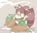  animal_ears bare_shoulders breasts brown_hair checkered checkered_scarf cleavage cube85 downscaled full_body futatsuiwa_mamizou glasses japanese_clothes kiseru large_breasts leaf leaf_on_head long_sleeves looking_at_viewer md5_mismatch off_shoulder pants pipe raccoon_ears raccoon_tail red-framed_eyewear red_eyes resized scarf short_hair sitting smile smoke socks solo tail touhou white_legwear wide_sleeves 