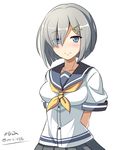  arms_behind_back blue_eyes blush breasts collarbone eyes_visible_through_hair hair_ornament hair_over_one_eye hairclip hamakaze_(kantai_collection) highres kantai_collection kayama_kenji large_breasts looking_at_viewer neckerchief school_uniform serafuku short_hair short_sleeves silver_hair simple_background sketch smile solo twitter_username upper_body white_background yellow_neckwear 
