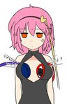  anger_vein angry black_swimsuit breast_padding cleavage_cutout excel_(shena) front_zipper_swimsuit hairband heart jitome komeiji_satori looking_at_viewer meme_attire one-piece_swimsuit pink_hair solo staring swimsuit third_eye touhou translated unamused unzipped upper_body yellow_eyes 