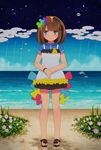  beach blue_eyes brown_hair c-lop dress flower hairband highres legs ocean original sandals short_hair sky solo water 