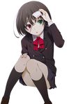  :o another black_hair black_legwear blazer extraction eyepatch eyepatch_lift green_eyes heterochromia jacket kneehighs lifted_by_self loafers looking_at_viewer misaki_mei open_mouth pleated_skirt red_eyes school_uniform shoes short_hair sitting skirt solo transparent_background 