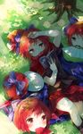  arm_up blush book bow cape dappled_sunlight disembodied_head fanning_face food fruit hair_bow highres lying makuwauri mouth_hold mundane_utility on_back reading red_eyes red_hair sekibanki shirt skirt solo summer sunlight sweat touhou tree watermelon 