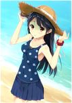  ahoge bad_id bad_pixiv_id black_hair breasts hands_on_headwear hat highres kantai_collection long_hair nishimi_shin one-piece_swimsuit pleated_skirt polka_dot polka_dot_swimsuit scrunchie skirt small_breasts smile solo straw_hat sun_hat swimsuit ushio_(kantai_collection) wrist_scrunchie 