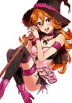  bare_shoulders blush boots breasts broom cape hands_clasped hat long_hair looking_at_viewer masaki_(celesta) medium_breasts open_mouth orange_hair own_hands_together red_eyes skirt smile solo thigh_strap thighhighs tokyo_7th_sisters usuta_sumire witch_hat 
