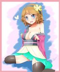  1girl blue_eyes blush breasts cameltoe flower furisode hairband japanese_clothes kimono large_breasts nervous panties pantyshot pokemon pokemon_(anime) pokemon_xy serena_(pokemon) short_hair simple_background smile spread_legs thighhighs underwear undressing upskirt wariza 