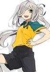  ahoge asashimo_(kantai_collection) cosplay hair_over_one_eye hita_(hitapita) inazuma_eleven inazuma_eleven_(series) kantai_collection kazemaru_ichirouta kazemaru_ichirouta_(cosplay) long_hair open_mouth ponytail raimon raimon_soccer_uniform silver_hair smile soccer_uniform solo sportswear 