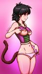  2015 armor armor_lift artist_name bare_shoulders black_hair breastplate breasts brown_hair clothes_lift dated dragon_ball dragon_ball_z from_side gine gradient gradient_background groin highres looking_at_viewer mature medium_breasts midriff monkey_tail navel nipples panties panty_pull pink_background pink_panties revtilian signature smile smirk solo standing stomach tail underboob underwear undressing 