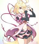  ;p ahoge antenna_hair belt blonde_hair blush fake_tail heart heart_hands kai-ri-sei_million_arthur midriff million_arthur_(series) navel one_eye_closed red_eyes skirt solo tail tongue tongue_out touzoku_arthur usalxlusa 