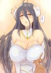 ahoge ainz_ooal_gown albedo bare_shoulders black_hair blush bone breast_grab breasts cleavage demon_girl detached_collar dress goban grabbing hip_vent horns huge_breasts long_hair off-shoulder_dress off_shoulder open_mouth out_of_frame overlord_(maruyama) pov pov_hands strapless strapless_dress very_long_hair wings yellow_eyes 