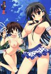  :d absurdres akiyoshi_fuyuka bangle bikini bikini_skirt black_hair blue_bikini blue_sky blush bracelet breasts brown_hair contrapposto d: day frilled_bikini frills hand_on_hip highres huge_filesize jewelry kanojo_no_seiiki large_breasts long_hair long_legs looking_at_viewer multiple_girls nase_yukana navel necklace nipples open_mouth pearl_necklace pink_bikini polka_dot polka_dot_bikini polka_dot_swimsuit ryouka_(suzuya) shiny shiny_skin side-tie_bikini sky smile standing swimsuit topless twintails w white_bikini 