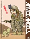  1girl :d anyan_(jooho) armed_angels assault_rifle backpack bag blue_eyes brown_hair camouflage dessert dog ear_protection english engrish food gloves gun hat headphones headset helmet load_bearing_vest m4_carbine military military_hat military_uniform multicam_(camo) night_vision_device open_mouth original puppy ranguage rifle smile soldier solo squatting tail tail_wagging uniform weapon 