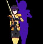  1girl blue_eyes cyclops highres manako monster_girl monster_musume_no_iru_nichijou one-eyed purple_hair rifle short_hair simple_background solo standing stitched uniform weapon 
