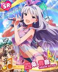  audience beamed_eighth_notes bikini bracelet character_name character_signature hairband idolmaster idolmaster_(classic) idolmaster_million_live! jewelry long_hair looking_at_viewer microphone music musical_note necklace official_art red_eyes shijou_takane silver_hair singing smile swimsuit 