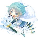 armband blue_eyes blue_hair cape character_name chibi gloves hair_ornament hairclip highres luo_er magical_girl mahou_shoujo_madoka_magica mahou_shoujo_madoka_magica_movie miki_sayaka multiple_swords open_mouth short_hair solo sword thighhighs weapon white_background zettai_ryouiki 