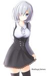  alternate_costume black_legwear blue_eyes breasts collarbone dress hair_ornament hair_over_one_eye hairclip hamakaze_(kantai_collection) highres kantai_collection lace lace-trimmed_dress light_smile looking_at_viewer medium_breasts meme_attire natsuya_(pucelle) short_hair silver_hair simple_background smile solo thighhighs twitter_username virgin_killer_outfit white_background zettai_ryouiki 
