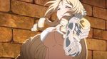  1girl animated animated_gif bikini_warriors blonde_hair blush bouncing_breasts bra breasts cleavage eyes_closed female jumping large_breasts long_hair open_mouth paladin_(bikini_warriors) smile solo underboob underwear white_bra 