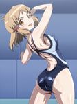  ass back blush breasts brown_eyes brown_hair competition_swimsuit cowboy_shot hair_ornament hairclip looking_back lydian_academy_swimsuit medium_breasts monteriakitto one-piece_swimsuit senki_zesshou_symphogear shiny short_hair sideboob solo stretch swimsuit tachibana_hibiki_(symphogear) 