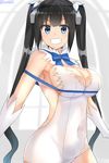  black_hair blue_eyes blue_ribbon breasts cleavage cleavage_cutout dress dungeon_ni_deai_wo_motomeru_no_wa_machigatteiru_darou_ka gloves hair_ribbon hestia_(danmachi) isshiki_(ffmania7) large_breasts long_hair looking_at_viewer open_mouth rei_no_himo ribbon smile solo twintails white_dress white_gloves 