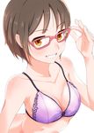  adjusting_eyewear bottomless breasts brown_hair cleavage glasses grin hi_iro highres looking_up medium_breasts orange_eyes original short_hair simple_background smile solo white_background 