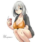  bikini blue_eyes breasts commentary_request cup disposable_cup fuyu_mi hair_ornament hair_over_one_eye hairclip hamakaze_(kantai_collection) hood hoodie kantai_collection large_breasts looking_at_viewer orange_bikini short_hair silver_hair simple_background solo squatting swimsuit white_background 
