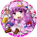  alcohol beer beer_mug boots chibi crescent crescent_hair_ornament cup excel_(shena) hair_ornament hat holding holding_cup mob_cap patchouli_knowledge purple_eyes purple_hair saliva solo touhou 