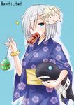  anti_(untea9) aqua_background aqua_eyes character_doll character_mask commentary_request food_in_mouth hair_ornament hair_over_one_eye hairclip hamakaze_(kantai_collection) highres i-class_destroyer ikayaki japanese_clothes kantai_collection kimono looking_at_viewer mask mask_on_head remodel_(kantai_collection) scrunchie shinkaisei-kan short_hair silver_hair simple_background sparkle stuffed_toy twitter_username water_yoyo wrist_scrunchie yuudachi_(kantai_collection) 