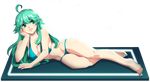  areolae bikini breasts cleavage female green_eyes green_hair large_areolae large_breasts long_hair looking_at_viewer lying nail_polish on_side parted_lips rule_34 simple_background smile solo swimsuit 