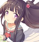  :o bangs black_hair blunt_bangs collarbone duplicate flower hair_flower hair_ornament kohashi_wakaba long_hair looking_at_viewer neck_ribbon pokachu purple_eyes ribbon school_uniform serafuku simple_background skirt solo wakaba_girl white_background 