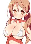  9law bikini blush breasts brown_eyes brown_hair hair_between_eyes italia_(kantai_collection) kantai_collection large_breasts littorio_(kantai_collection) long_hair looking_at_viewer micro_bikini sideboob simple_background smile solo string_bikini swimsuit underboob upper_body white_background white_bikini 