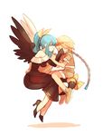  1girl bad_id bad_pixiv_id bare_shoulders blonde_hair blue_hair chain collar colored_eyelashes dizzy guilty_gear guilty_gear_xrd long_hair mother_and_son ponytail ribbon san_(winteroll) shorts sin_kiske wings 