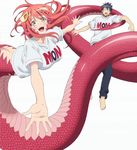  1boy 1girl barefoot breasts butt_crack highres kurusu_kimihito lamia large_breasts long_hair miia_(monster_musume) monster_girl monster_musume_no_iru_nichijou red_hair simple_background smile stitched yellow_eyes 