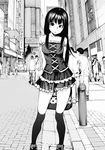  :o akihabara_(tokyo) arm_garter arms_behind_back bag bangs bare_shoulders building city contrapposto crosswalk dithering dress frilled_skirt frills greyscale ground_vehicle handbag highres holding holding_bag kneehighs long_hair looking_at_viewer monochrome motor_vehicle original outdoors over-kneehighs parted_lips pavement people polka_dot real_world_location road sakurai_gamon sidelocks sign skirt solo_focus standing strapless street thighhighs tokyo_(city) van 