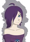  1girl bare_shoulders blue_eyes hair_over_one_eye long_hair off-shoulder_sweater purple_hair simple_background smile sweater zone-tan 