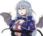  bad_id bad_pixiv_id bat_wings breasts choker cleavage duel_monster earrings fang jewelry large_breasts lipstick long_hair makeup midriff open_mouth pointy_ears red_eyes restrained rk925 silver_hair solo sweatdrop upper_body vampire_vamp whip white_background wings yuu-gi-ou 