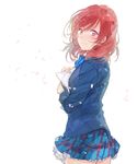  bad_id bad_twitter_id blazer blush holding holding_paper jacket long_sleeves looking_back love_live! love_live!_school_idol_project mochi_sakura nishikino_maki otonokizaka_school_uniform paper petals pink_eyes plaid plaid_skirt purple_eyes red_hair school_uniform skirt solo white_background wind 