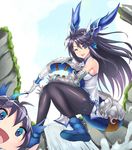  :d ;d a-na black_hair black_legwear blue_eyes china_dress chinese_clothes dragon_girl dragon_horns dragon_tail dress dual_persona gauntlets head_fins horns karin_(p&amp;d) long_hair multiple_girls one_eye_closed open_mouth pantyhose parody puzzle_&amp;_dragons smile spiked_knuckles spikes tail water waterfall weapon 