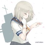 blush closed_eyes gloves hamakaze_(kantai_collection) hand_up jewelry kantai_collection looking_at_hand pleated_skirt ring school_uniform serafuku short_hair short_sleeves silver_hair single_glove skirt smile solo sts tears twitter_username wedding_band white_gloves 